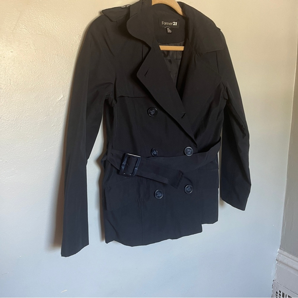 Forever 21 F21 Navy Blue Short Trench Raincoat Jacket w Belt, Size Small - Picture 6 of 10